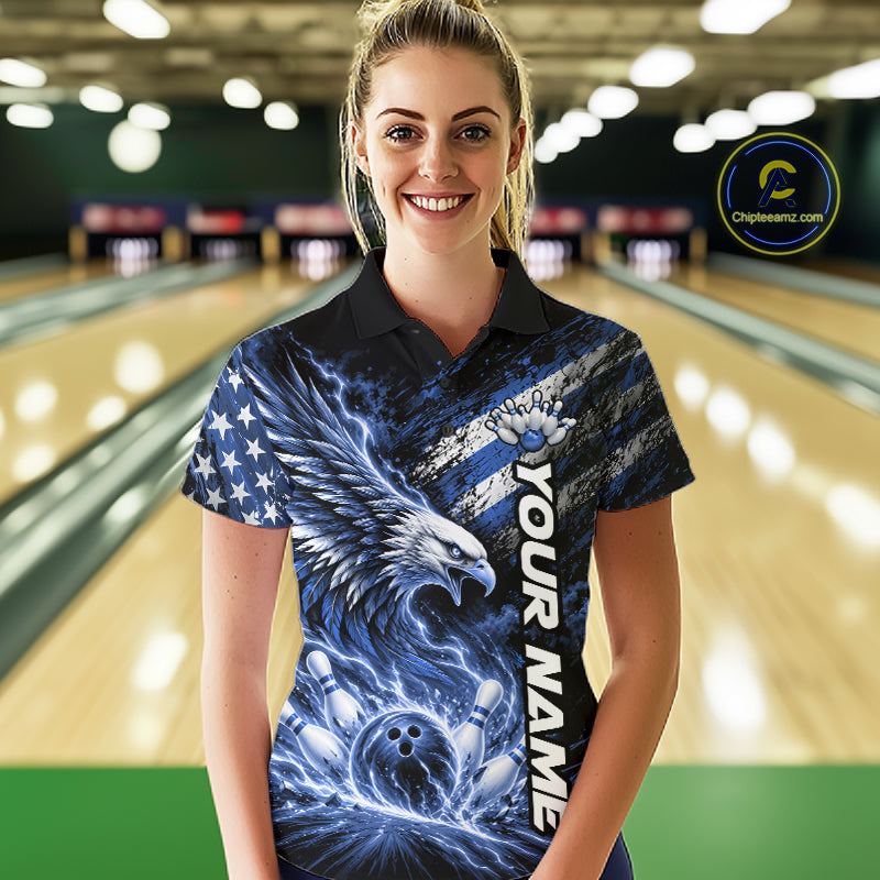 Custom Patriotic Blue American Eagle Bowling Jerseys, US Flag Bowling Polo Shirt
