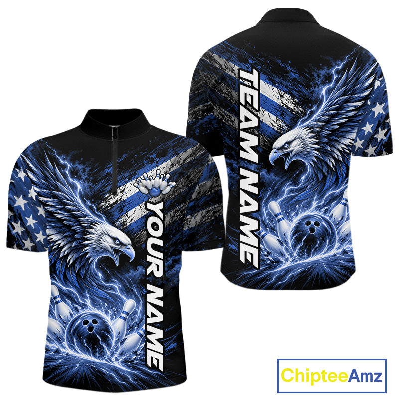 Custom Patriotic Blue American Eagle Bowling Jerseys, US Flag Bowling Quarter Zip Shirt