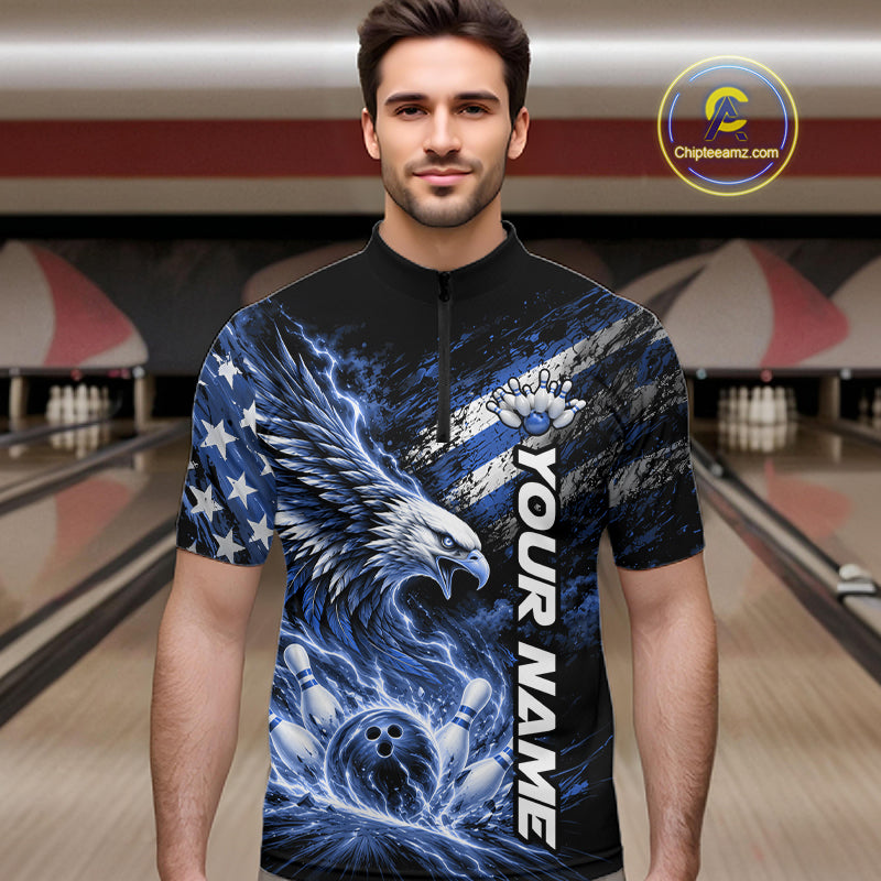 Custom Patriotic Blue American Eagle Bowling Jerseys, US Flag Bowling Quarter Zip Shirt