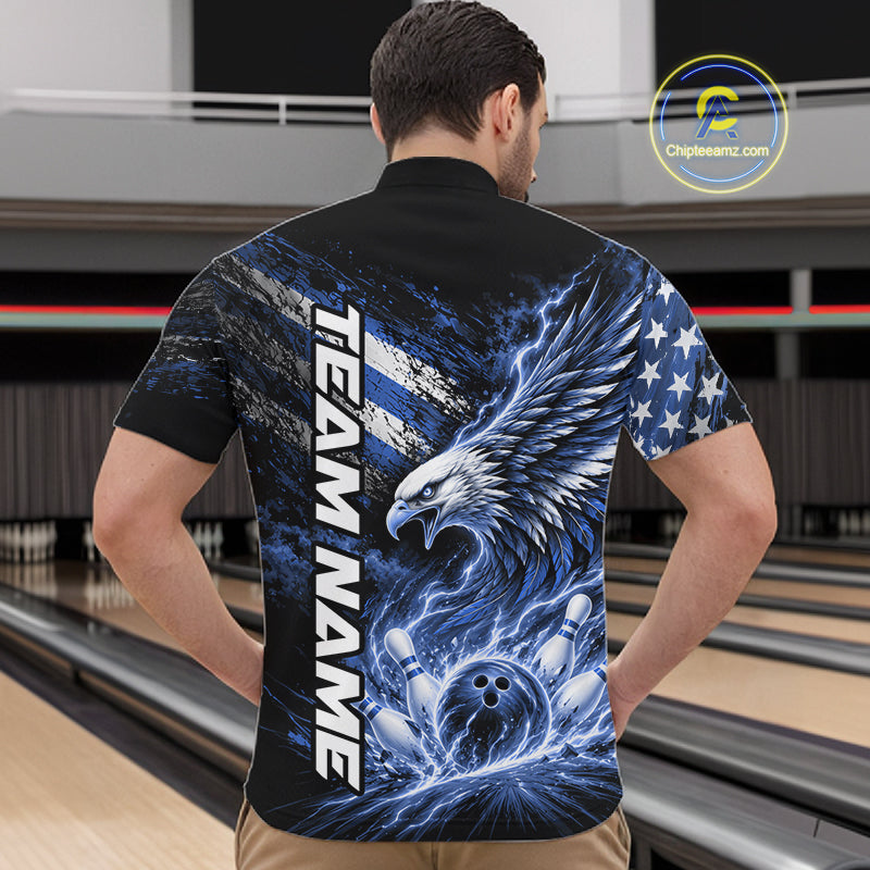Custom Patriotic Blue American Eagle Bowling Jerseys, US Flag Bowling Quarter Zip Shirt