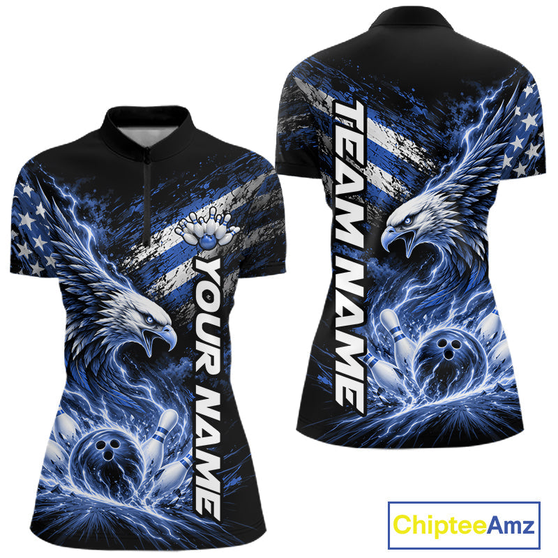 Custom Patriotic Blue American Eagle Bowling Jersey, US Flag Bowling Quarter-Zip
