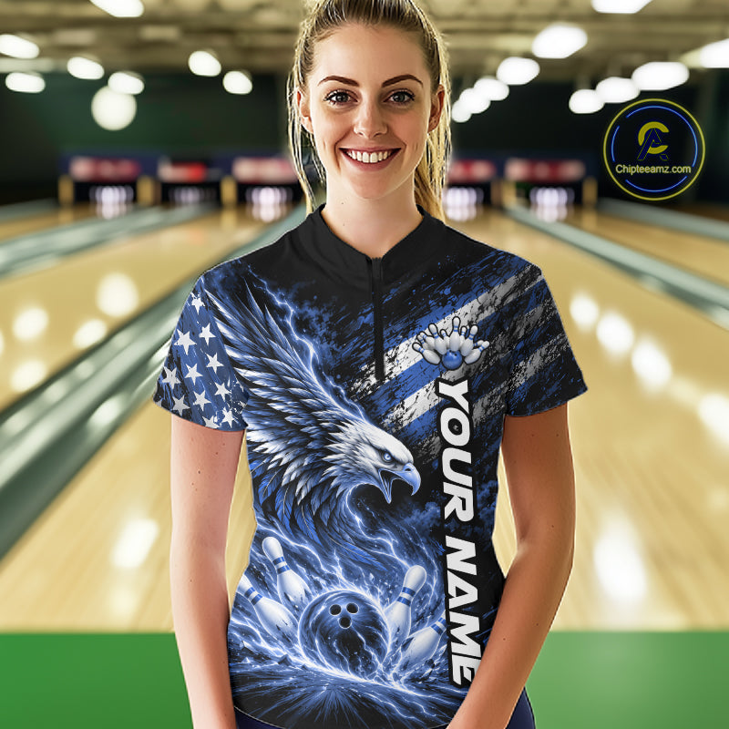 Custom Patriotic Blue American Eagle Bowling Jersey, US Flag Bowling Quarter-Zip
