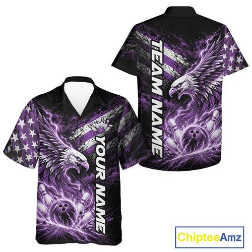 Custom Patriotic Purple American Eagle Bowling Jerseys, US Flag Bowling And Button Up Shirt