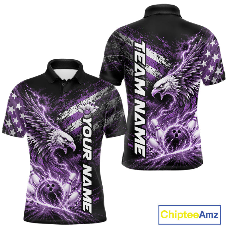 Custom Patriotic Purple American Eagle Bowling Jerseys, US Flag Bowling Polo Shirt