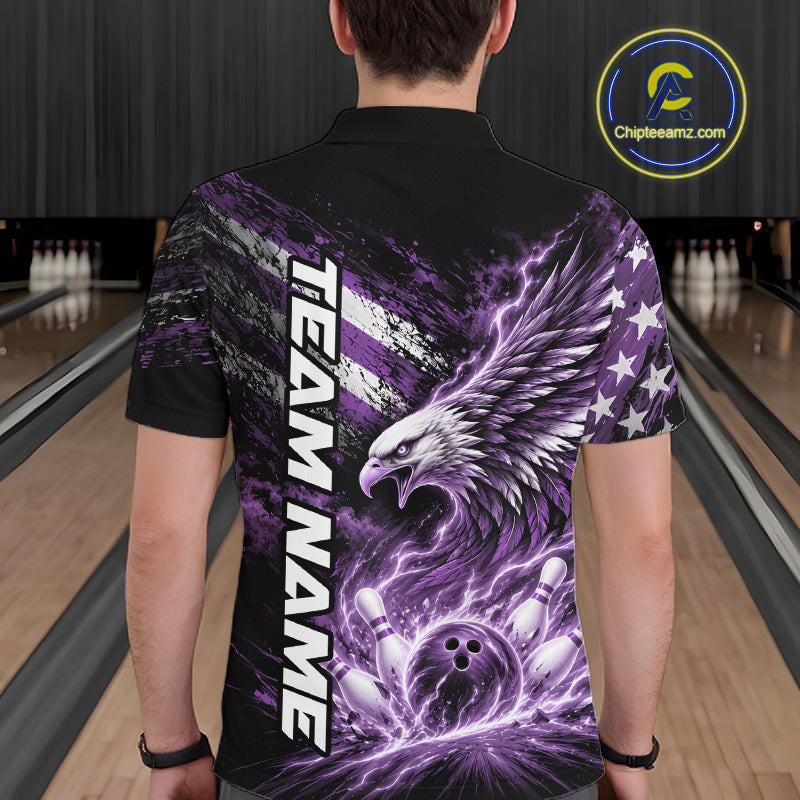 Custom Patriotic Purple American Eagle Bowling Jerseys, US Flag Bowling Polo Shirt