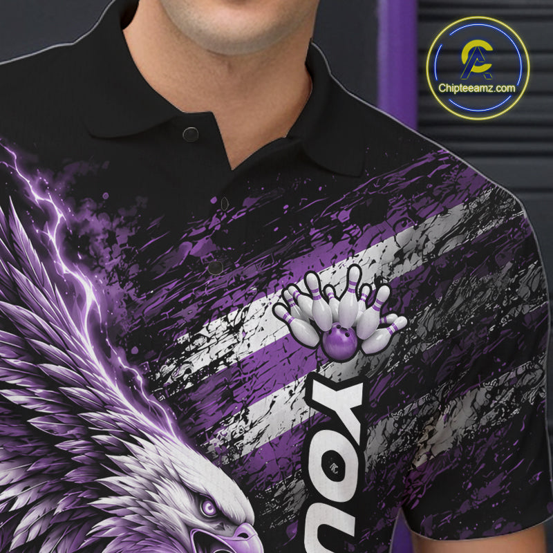 Custom Patriotic Purple American Eagle Bowling Jerseys, US Flag Bowling Polo Shirt