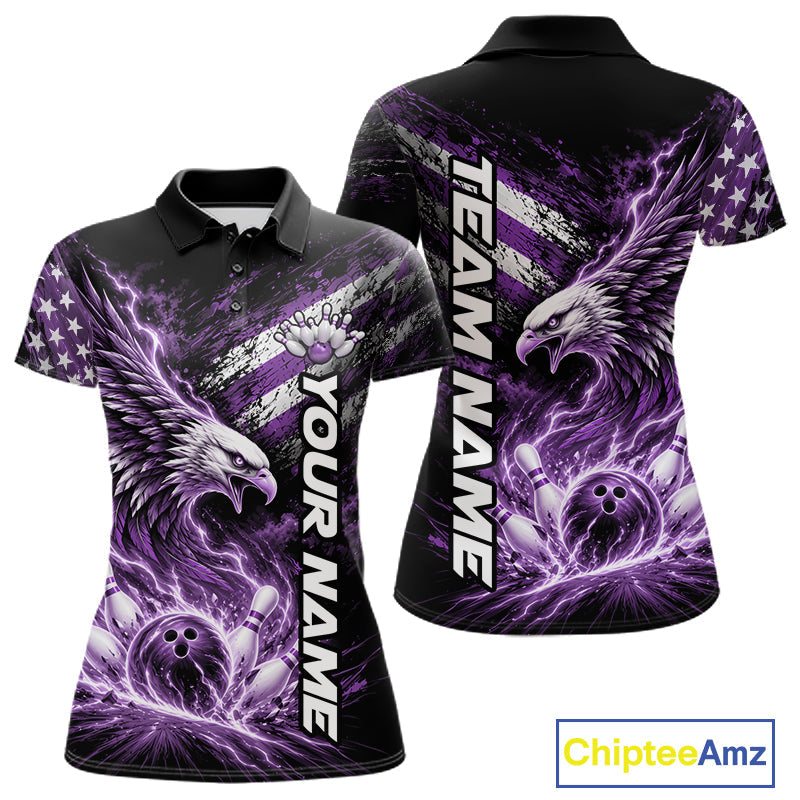 Custom Patriotic Purple American Eagle Bowling Jerseys, US Flag Bowling Polo Shirt