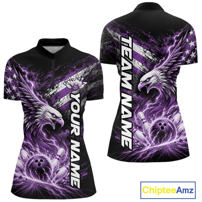 Custom Patriotic Purple American Eagle Bowling Jersey, US Flag Bowling Quarter-Zip