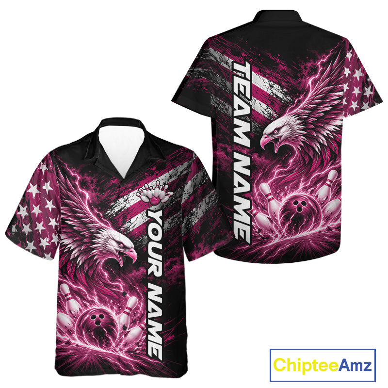 Custom Patriotic Pink American Eagle Bowling Jerseys, US Flag Bowling And Button Up Shirt