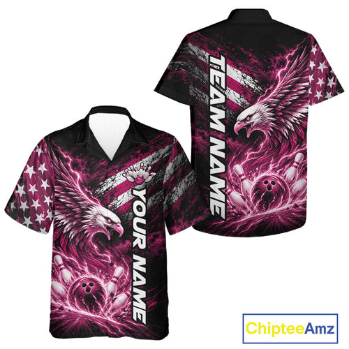 Custom Patriotic Pink American Eagle Bowling Jerseys, US Flag Bowling And Button Up Shirt