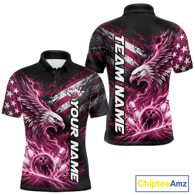 Custom Patriotic Pink American Eagle Bowling Jerseys, US Flag Bowling Polo Shirt