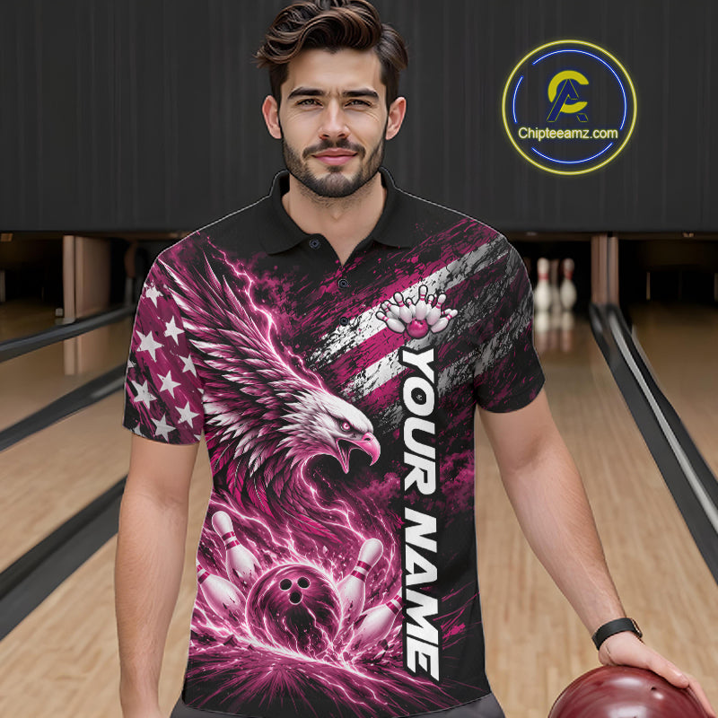 Custom Patriotic Pink American Eagle Bowling Jerseys, US Flag Bowling Polo Shirt