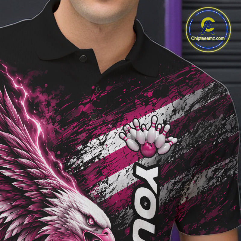 Custom Patriotic Pink American Eagle Bowling Jerseys, US Flag Bowling Polo Shirt
