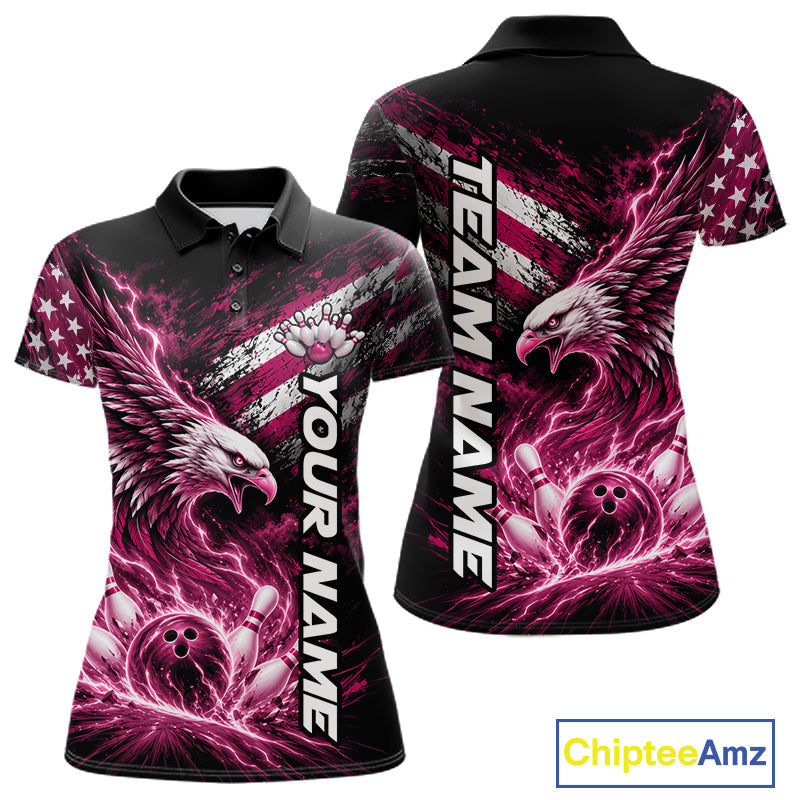 Custom Patriotic Pink American Eagle Bowling Jerseys, US Flag Bowling Polo Shirt