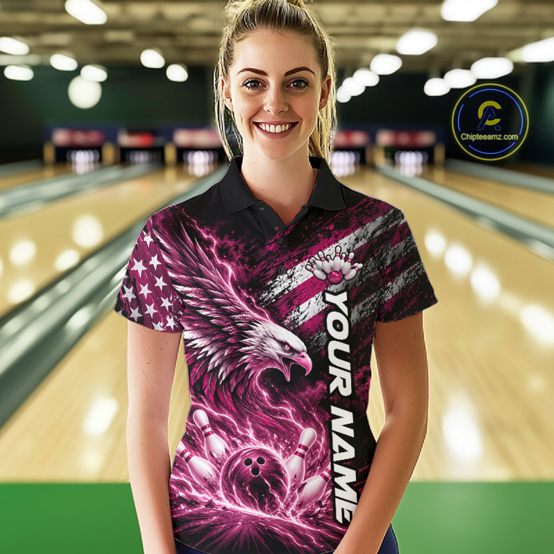 Custom Patriotic Pink American Eagle Bowling Jerseys, US Flag Bowling Polo Shirt
