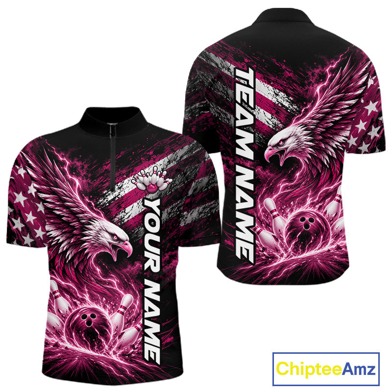 Custom Patriotic Pink American Eagle Bowling Jerseys, US Flag Bowling Quarter Zip Shirt