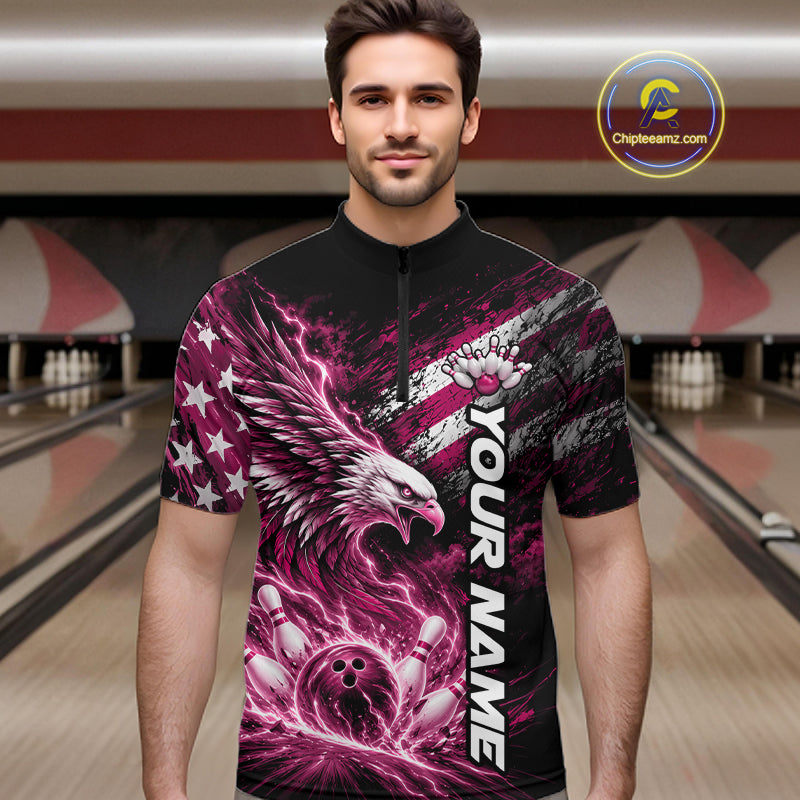 Custom Patriotic Pink American Eagle Bowling Jerseys, US Flag Bowling Quarter Zip Shirt
