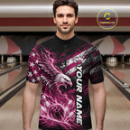 Custom Patriotic Pink American Eagle Bowling Jerseys, US Flag Bowling Quarter Zip Shirt