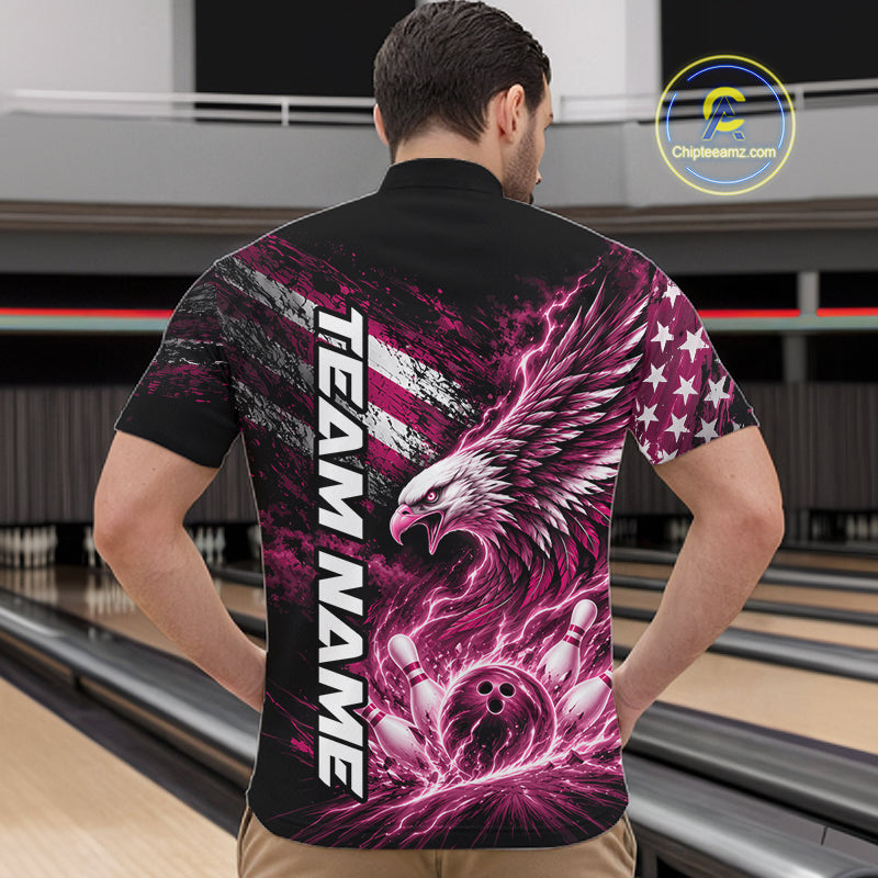 Custom Patriotic Pink American Eagle Bowling Jerseys, US Flag Bowling Quarter Zip Shirt