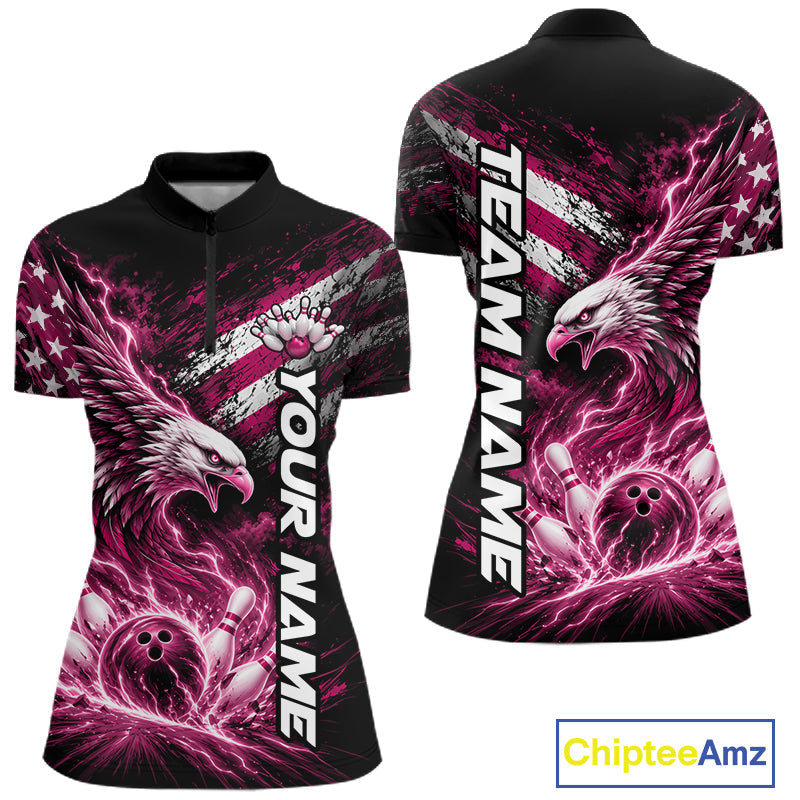 Custom Patriotic Pink American Eagle Bowling Jerseys, US Flag Bowling Quarter-Zip
