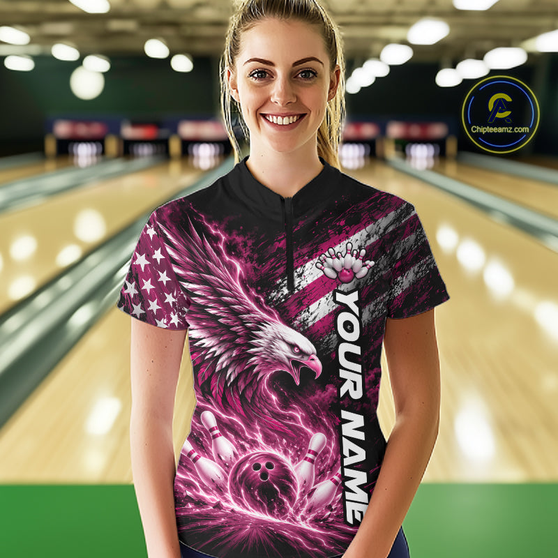 Custom Patriotic Pink American Eagle Bowling Jerseys, US Flag Bowling Quarter-Zip