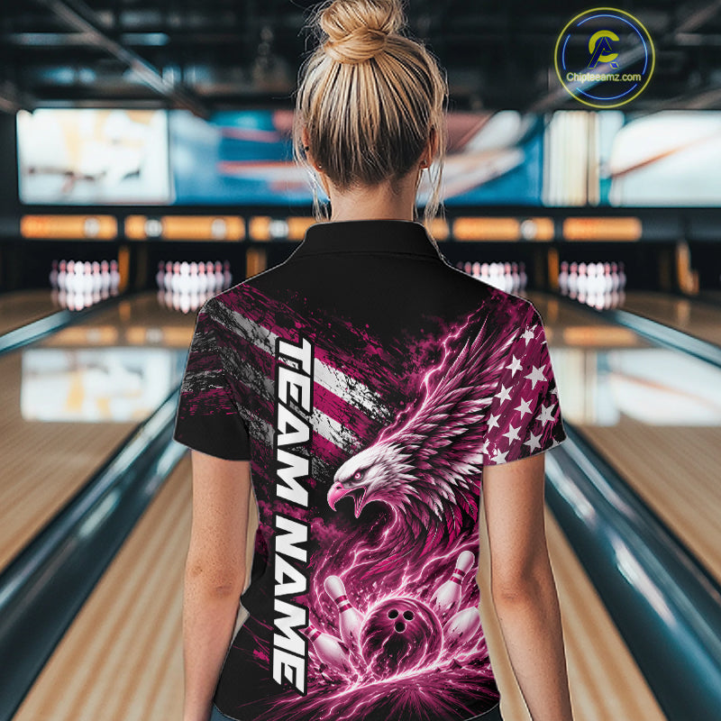 Custom Patriotic Pink American Eagle Bowling Jerseys, US Flag Bowling Quarter-Zip