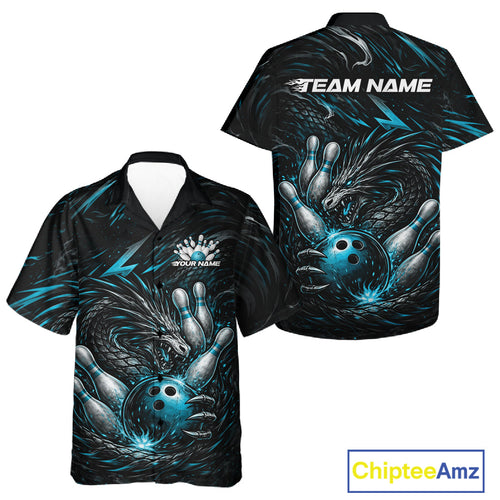 Custom Turquoise Blue Dragon Bowling Jerseys, Dragon Bowling Team And Hawaiian Shirt