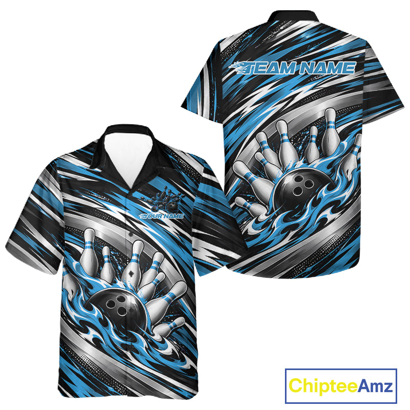 Custom Black And Blue Flame Bowling Shirt And, Bowling Team Jersey Button Up Shirt