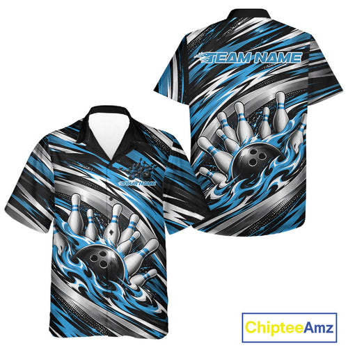 Custom Black And Blue Flame Bowling Shirt And, Bowling Team Jersey Button Up Shirt