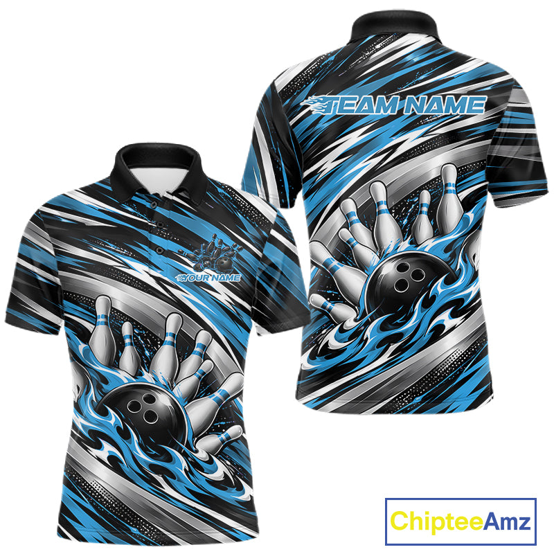 Custom Black And Blue Flame Bowling Shirt, Bowling Team Jersey Polo Shirt
