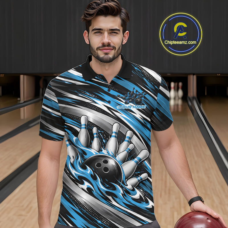 Custom Black And Blue Flame Bowling Shirt, Bowling Team Jersey Polo Shirt