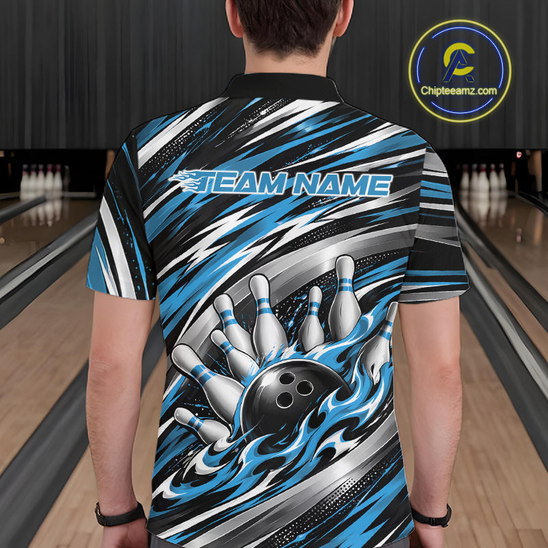 Custom Black And Blue Flame Bowling Shirt, Bowling Team Jersey Polo Shirt