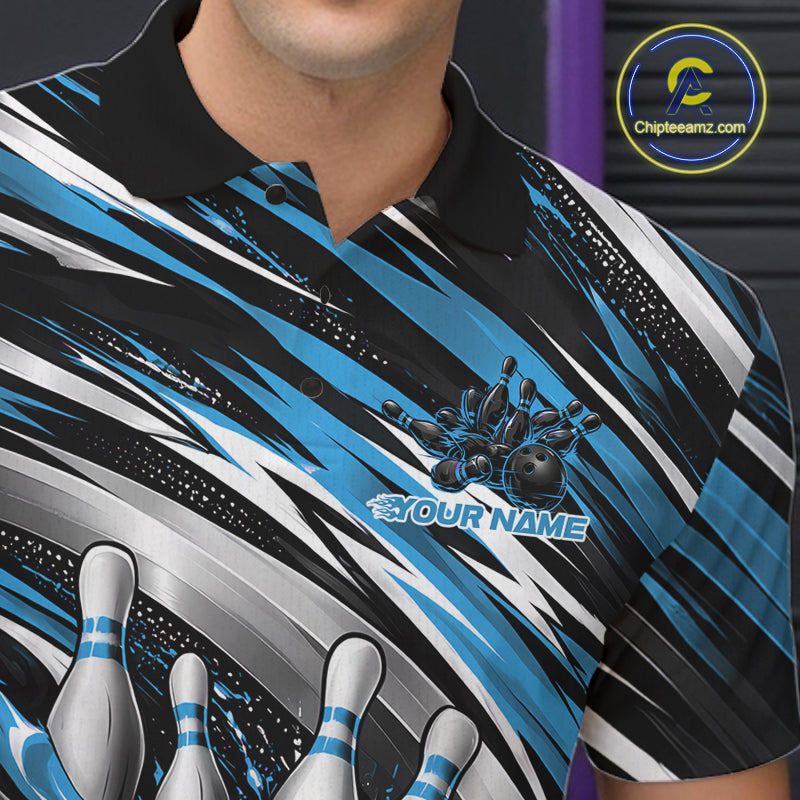 Custom Black And Blue Flame Bowling Shirt, Bowling Team Jersey Polo Shirt