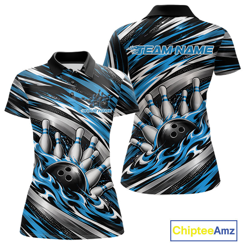 Custom Black And Blue Flame Bowling Shirt, Bowling Team Jersey Polo Shirt