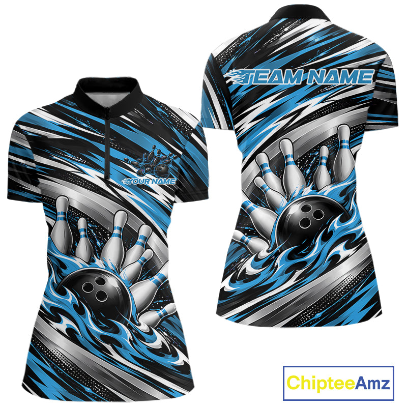 Custom Black And Blue Flame Bowling Shirt, Bowling Jersey Quarter-Zip Shirt