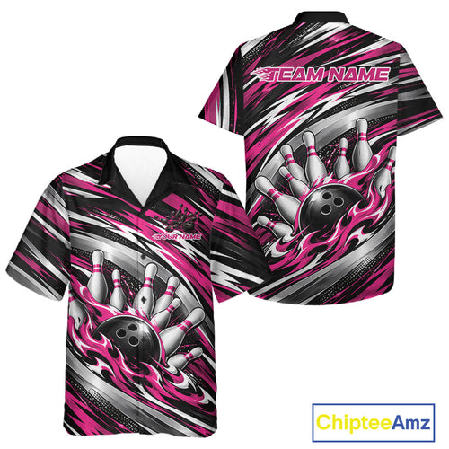 Custom Black And Pink Flame Bowling Shirt And, Bowling Team Jersey Button Up Shirt