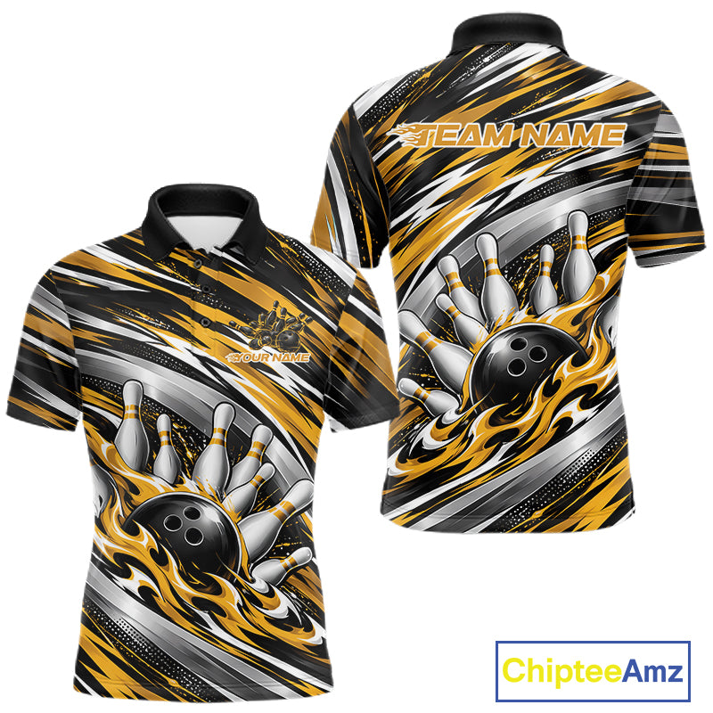Custom Black And Gold Flame Bowling Shirt, Bowling Team Jersey Polo Shirt
