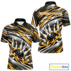 Custom Black And Gold Flame Bowling Shirt, Bowling Team Jersey Polo Shirt
