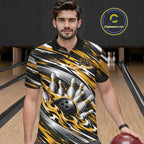 Custom Black And Gold Flame Bowling Shirt, Bowling Team Jersey Polo Shirt