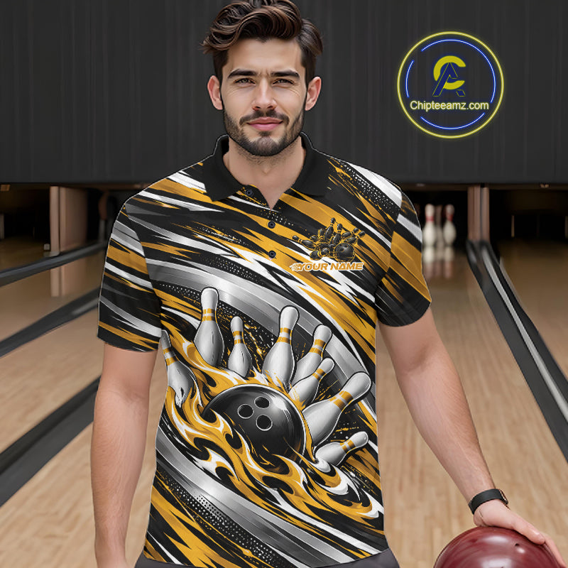 Custom Black And Gold Flame Bowling Shirt, Bowling Team Jersey Polo Shirt