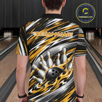 Custom Black And Gold Flame Bowling Shirt, Bowling Team Jersey Polo Shirt