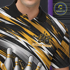 Custom Black And Gold Flame Bowling Shirt, Bowling Team Jersey Polo Shirt