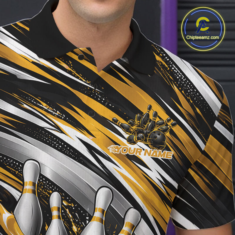 Custom Black And Gold Flame Bowling Shirt, Bowling Team Jersey Polo Shirt