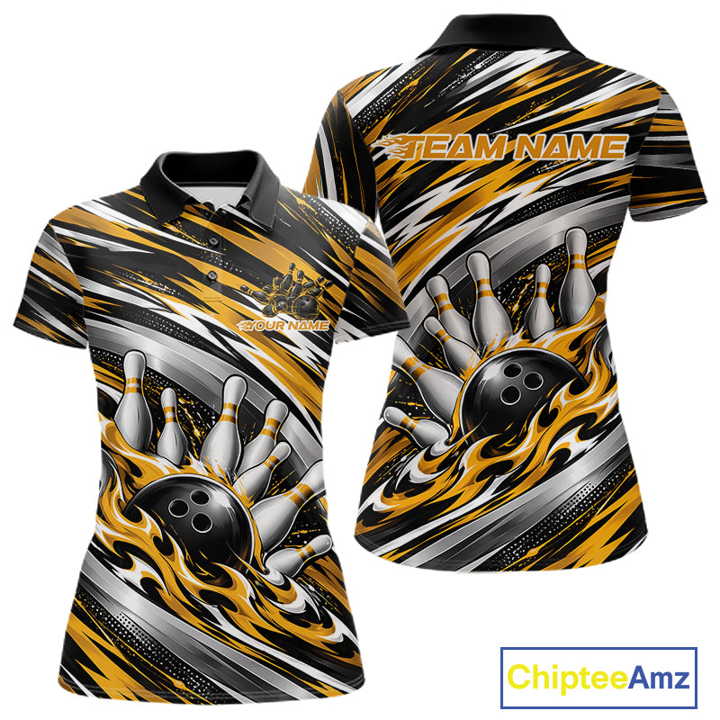 Custom Black And Gold Flame Bowling Shirt, Bowling Team Jersey Polo Shirt