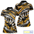 Custom Black And Gold Flame Bowling Shirt, Bowling Team Jersey Polo Shirt