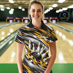 Custom Black And Gold Flame Bowling Shirt, Bowling Team Jersey Polo Shirt