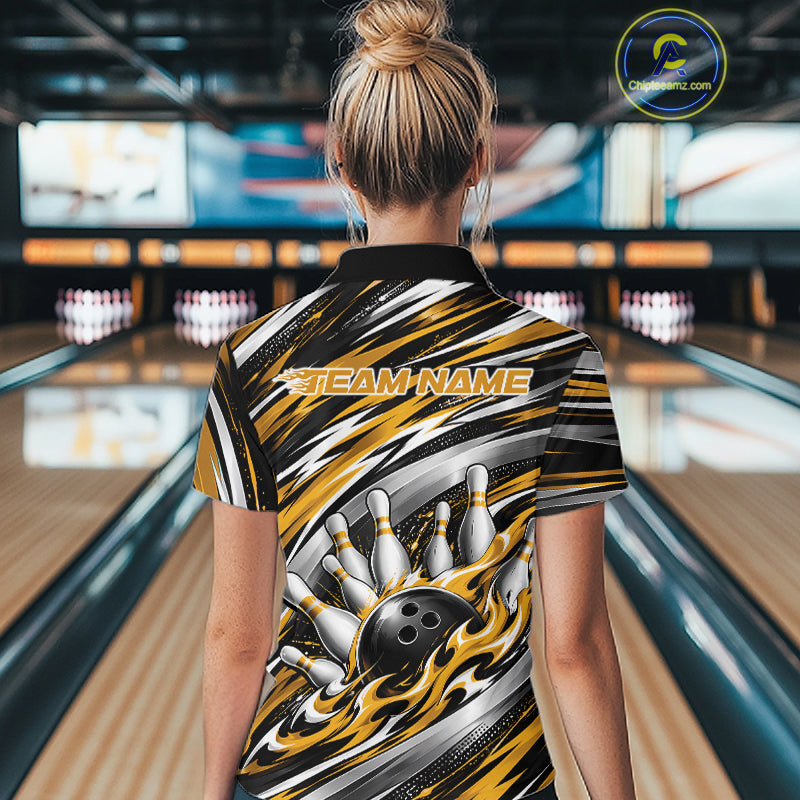 Custom Black And Gold Flame Bowling Shirt, Bowling Team Jersey Polo Shirt