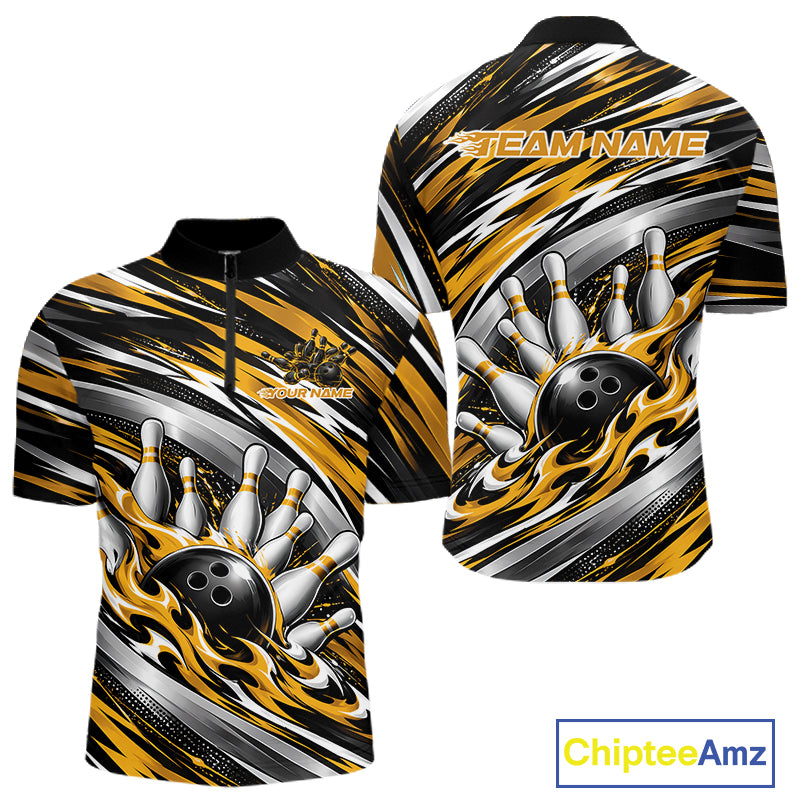 Custom Black And Gold Flame Bowling Shirt, Bowling Team Jersey Quarter Zip Shirt