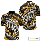 Custom Black And Gold Flame Bowling Shirt, Bowling Team Jersey Quarter Zip Shirt