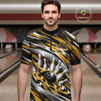 Custom Black And Gold Flame Bowling Shirt, Bowling Team Jersey Quarter Zip Shirt